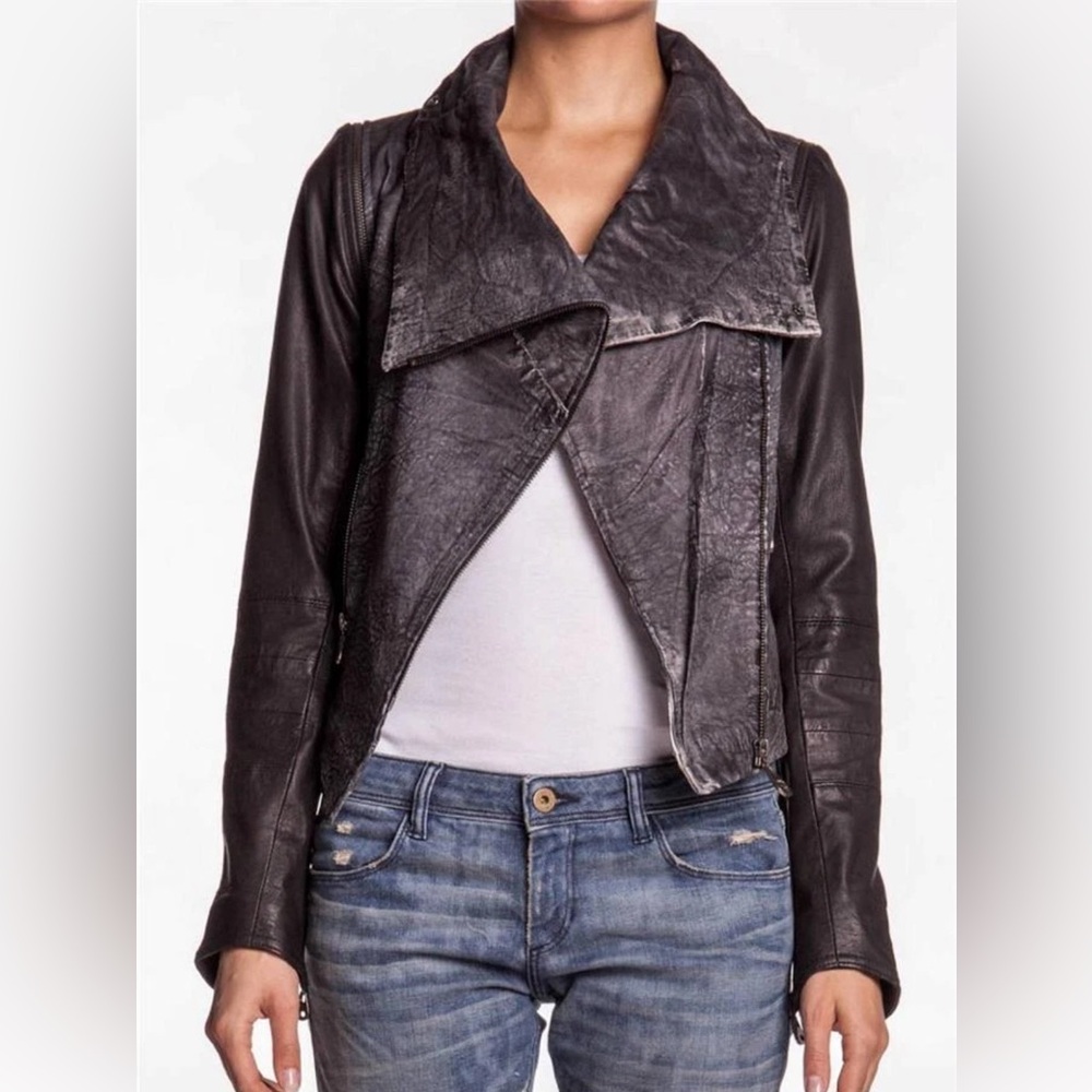 DOMA Lamb Leather Women’s Distressed Detachable Sleeves Black/Gray Jacket SZ 2